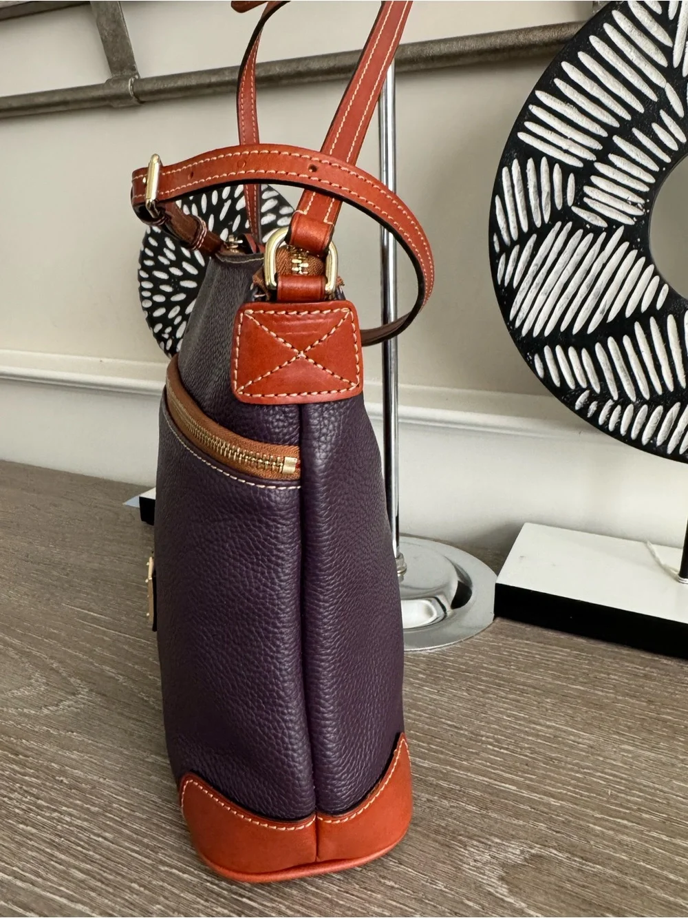 Dooney & Bourke Purple Pebble Leather Crossbody with Tan Trim
